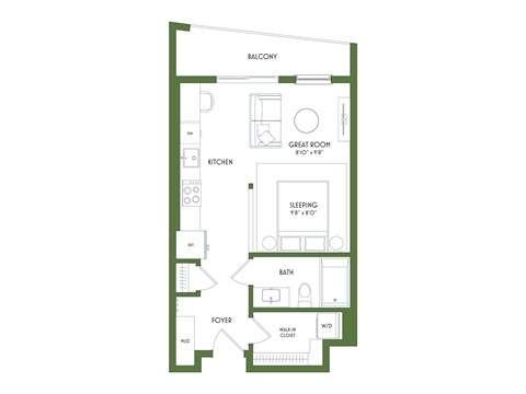 A floor plan of a small apartment with a kitchen, bathroom, sleeping area, and foyer.